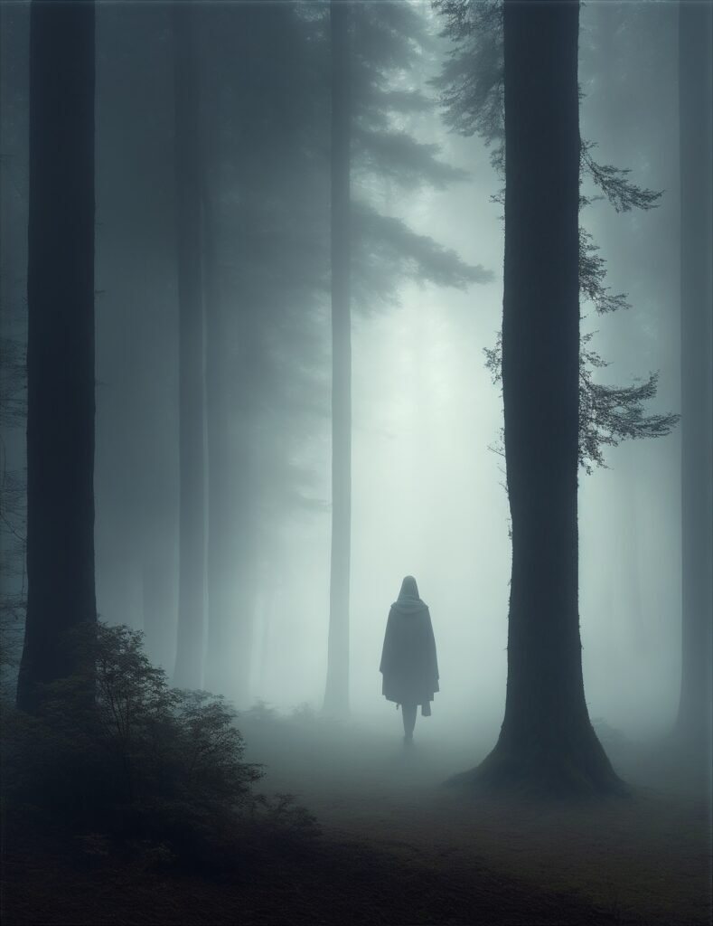 A lone figure standing before a dense forest ai generated art from leonardo ai 