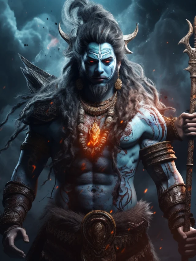 ai generated image of hindu god shiva in angry mood, dark blue eye catchy colors, powerful and strong