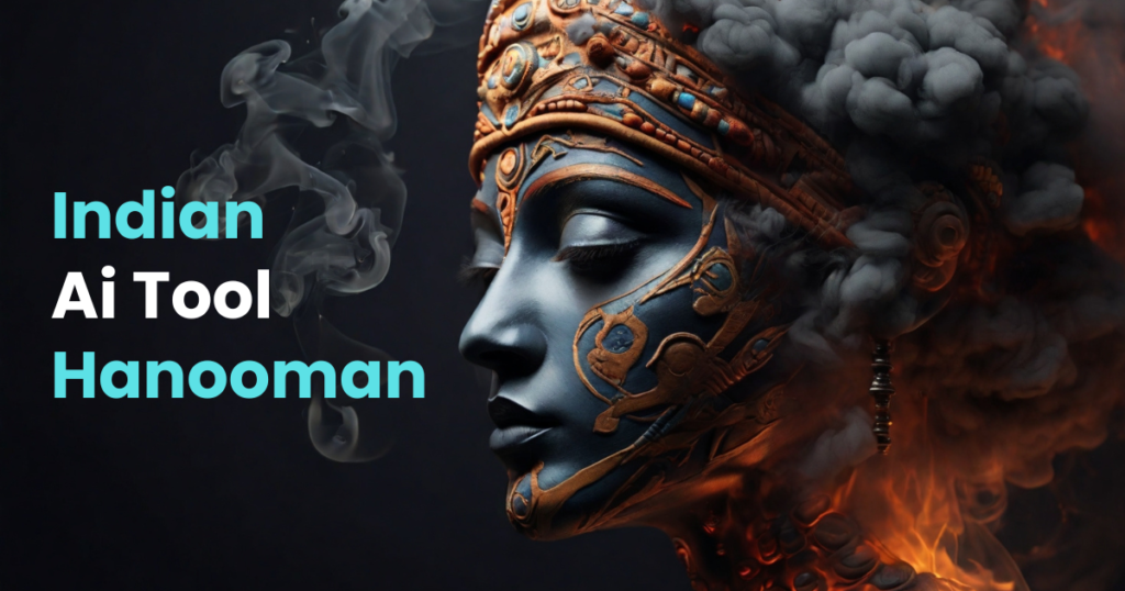 this image shows a side profile of a beautiful indina woman with jewelry, smoke, dark background and text overlay Indian AI tool Hanooman AI
