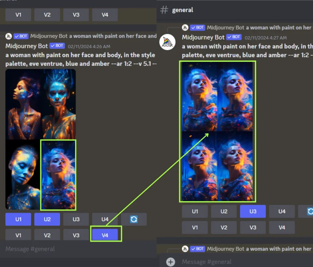 screenshot of discord server for midjourney ai showing tutorial of midjourney variations and this image shows ai gnerated image of closeup shots of woman with enchanting playful colors splash on her face and body midjourney v6