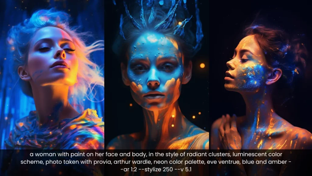 this image shows ai gnerated image of closeup shots of woman with enchanting playful colors splash on her face and body midjourney v6