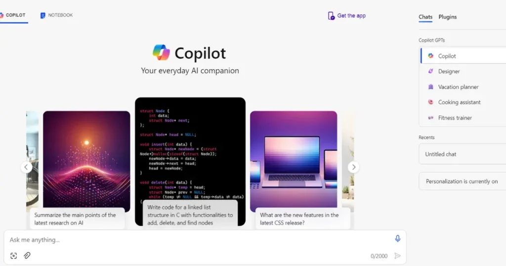 Screenshot presenting Microsoft Copilot interface