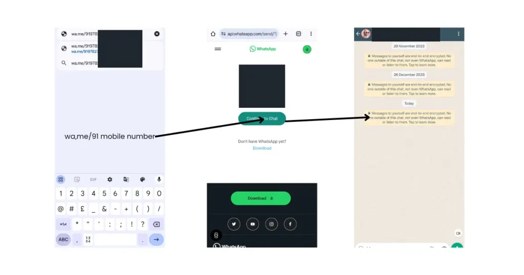 screenshots of whastapp message showing how to send message on whatsapp without saving mobile number